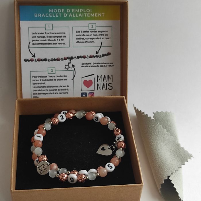 Bracelet d'allaitement MARGOT dans sa boîte avec la notice d'explication et son chiffon doux.